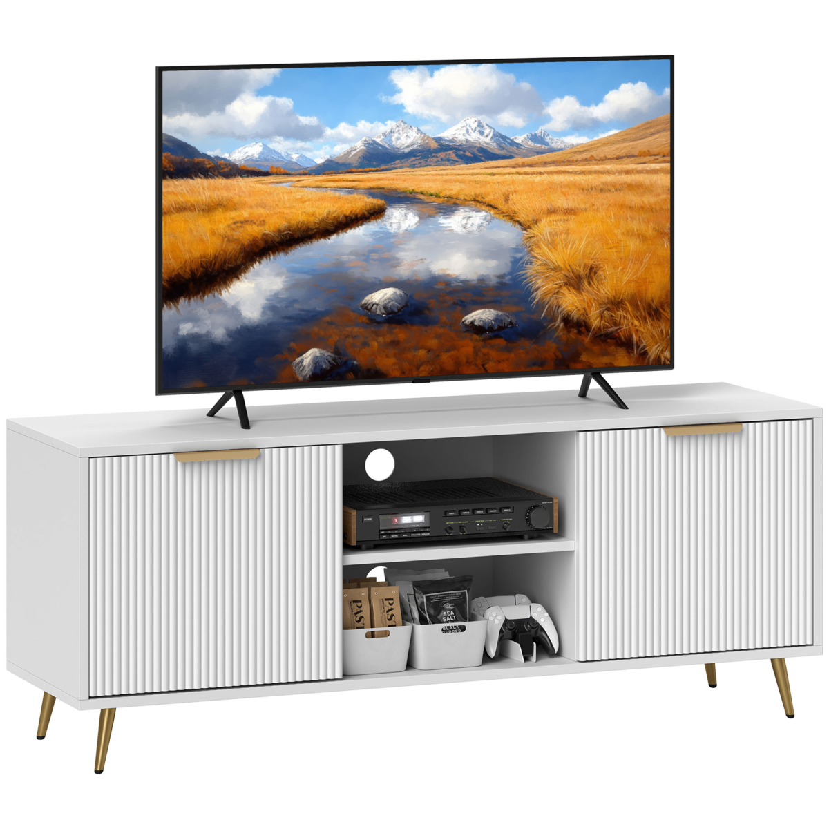 Modern TV Stand Cabinet with Storage for Living Room, White